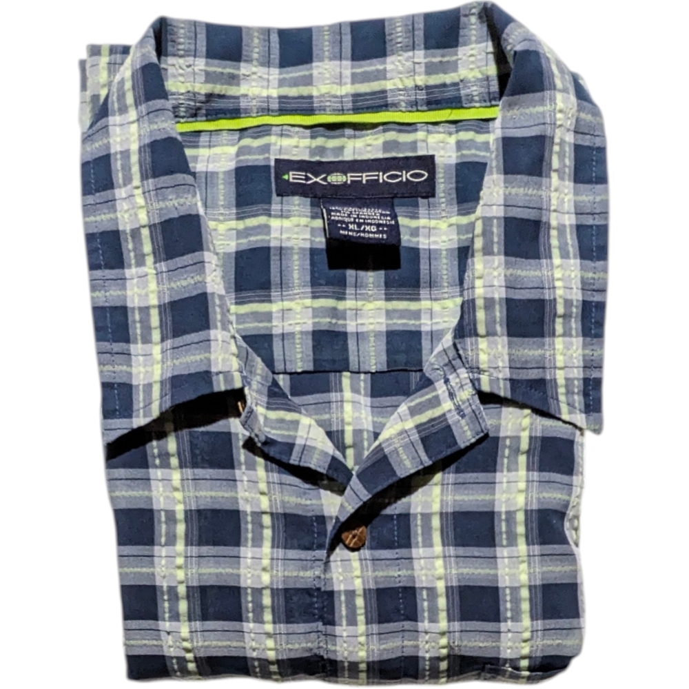 Exofficio Fishing Shirt Mens XL Navy Blue Plaid Short Sleeve Button Up EUC